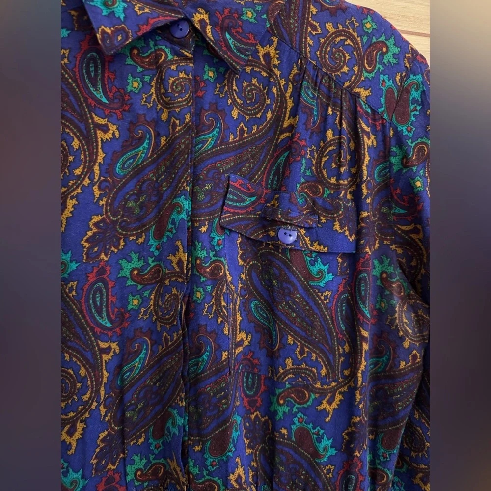 Vintage 80’s Raoul Large Retro Bold Colorful Paisley Collared Midi Dress Western - Picture 5 of 13